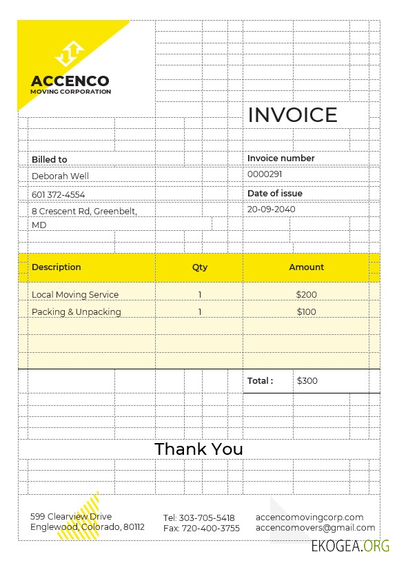 Modèle de facture pour déménageurs et entreprises de déménagement